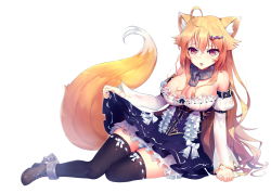 Rule 34 | 1girl, absurdres, ahoge, animal ears, bare shoulders, black thighhighs, blonde hair, boots, breasts, chain, cleavage, clothes lift, collar, detached sleeves, dress, dress lift, female focus, fox ears, fox tail, full body, hair ornament, highres, large breasts, long hair, looking at viewer, lying, on side, open mouth, red eyes, ribbon-trimmed legwear, ribbon trim, simple background, solo, strapless, strapless dress, tail, thighhighs, white background, zhu fun