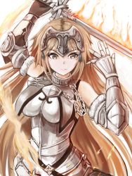 Rule 34 | 1girl, armor, bad id, bad pixiv id, bare shoulders, blonde hair, breasts, brown eyes, chain, fate/apocrypha, fate/grand order, fate (series), fire, fire, from above, fur trim, gauntlets, gorget, jeanne d&#039;arc (fate), jeanne d&#039;arc (ruler) (fate), jeanne d&#039;arc (third ascension) (fate), long hair, looking at viewer, ruler, ruler (fate/grand order), smile, solo, suterisu japan, sword, very long hair, weapon, yellow eyes