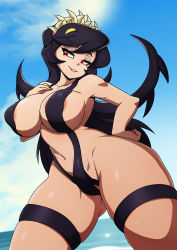 Rule 34 | 1girl, absurdres, bikini, breasts, cloud, colored sclera, cowboy shot, curvy, eyelashes, eyeshadow, fangs, female focus, filia (skullgirls), glowing, glowing eyes, grin, hand on own hip, hand on own chest, highres, long hair, looking down, makeup, navel, nipples, nose, nude, ocean, sharp teeth, shiny skin, skindentation, skullgirls, sky, smile, solo, solo focus, source request, sun, swimsuit, teeth, thick thighs, thighs, wide hips, yellow sclera