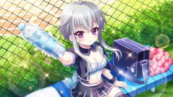 Rule 34 | 1girl, ahoge, bench, black collar, black skirt, black thighhighs, blue bag, bottle, breasts, bush, chain-link fence, cheerleader, cleavage, closed mouth, collar, crop top, day, detached collar, dot nose, fence, film grain, from above, game cg, grass, grey hair, holding, holding bottle, ichijou ruka, izumi tsubasu, lens flare, looking at viewer, medium breasts, midriff, miniskirt, navel, non-web source, official art, on bench, outdoors, pom pom (cheerleading), purple eyes, re:stage!, running track, short hair with long locks, sitting, skirt, smile, solo, sparkle, thighhighs, towel, water bottle, white towel