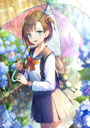 Rule 34 | 1girl, :d, backpack, bag, bag charm, blue eyes, blush, bow, bowtie, brown hair, charm (object), flower, highres, holding, holding umbrella, hydrangea, looking at viewer, one side up, open mouth, original, outdoors, parted bangs, pleated skirt, puddle, rain, reflection, reflective water, ronce, school uniform, scrunchie, serafuku, short hair, skirt, smile, solo, stuffed animal, stuffed frog, stuffed toy, umbrella, water drop