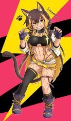 Rule 34 | 1girl, abs, absurdres, animal ears, bad id, bad pixiv id, belt, belt buckle, blonde hair, breasts, brown hair, buckle, cat ears, cat girl, cat tail, commentary request, fingerless gloves, full body, gloves, hair between eyes, highres, indie virtual youtuber, large breasts, long hair, looking at viewer, midriff, multicolored hair, nekoyo chloe, parted lips, paw pose, paw print, short shorts, shorts, single thighhigh, smile, solo, standing, tail, teeth, thigh strap, thighhighs, two-tone hair, virtual youtuber, xnuesanx, yellow eyes