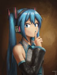 Rule 34 | 1girl, blue eyes, blue hair, collared shirt, dated, detached sleeves, digiral, faux traditional media, fine art parody, finger to mouth, hair ornament, hatsune miku, headphones, highres, index finger raised, long hair, long sleeves, looking at viewer, nail polish, necktie, parody, shirt, shushing, sleeveless, sleeveless shirt, solo, the silence, twintails, very long hair, vocaloid