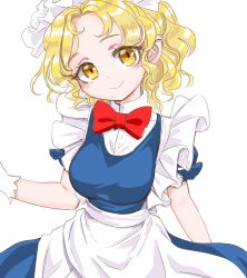 Rule 34 | 1girl, apron, blonde hair, blue dress, bow, bowtie, closed mouth, collar, commentary request, dress, gloves, head tilt, maid headdress, medium hair, mugetsu (touhou), parted bangs, puffy short sleeves, puffy sleeves, red bow, s-a-murai, short sleeves, smile, solo, touhou, touhou (pc-98), upper body, wavy hair, white apron, white background, white collar, white gloves, yellow eyes