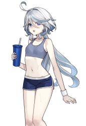 Rule 34 | 1girl, :o, ahoge, blue eyes, blue shorts, breasts, commentary, crop top, cup, drinking straw, feet out of frame, furina (genshin impact), genshin impact, hair between eyes, hair intakes, highres, holding, holding cup, long hair, looking at viewer, midriff, navel, no headwear, open mouth, short shorts, shorts, simple background, small breasts, solo, sports bra, standing, stomach, thighs, thotep, very long hair, white background, white hair, wristband