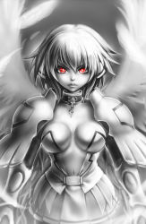 Rule 34 | 1girl, breasts, cleavage, highres, ikaros, large breasts, lips, monochrome, red eyes, serious, solo, sora no otoshimono