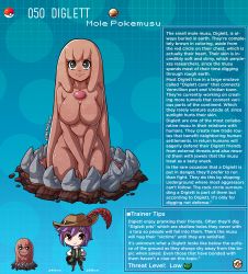 Rule 34 | 1boy, 1girl, artist name, breasts, character name, character profile, commentary, creatures (company), diglett, english commentary, english text, game freak, gen 1 pokemon, grey eyes, hat, heart, heart-shaped pupils, highres, kinkymation, large breasts, long hair, nintendo, no nipples, own hands together, personification, poke ball, pokemon, purple hair, symbol-shaped pupils, very long hair