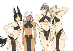 Rule 34 | 4boys, abs, ahoge, alhaitham (genshin impact), animal ears, arm up, armpits, blonde hair, blush, brown eyes, bulge, covering own mouth, crossdressing, cyno (genshin impact), dark-skinned male, dark skin, erection, erection under clothes, expressionless, feather hair ornament, feathers, genshin impact, green eyes, green hair, grey hair, hair ornament, hand on own hip, hand over own mouth, jitome, kaveh (genshin impact), long hair, looking at viewer, male focus, multicolored eyes, multiple boys, navel, onemulberryjam, red eyes, standing, tail, tail wagging, tighnari (genshin impact), trap, white background, white hair, yomorio lingerie