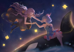 Rule 34 | 2girls, absurdres, bare shoulders, black dress, black legwear, blue dress, blue eyes, blue hair, bow, collarbone, dress, floating, frilled skirt, frills, graykn, hair bow, halter dress, halterneck, hand on another&#039;s face, highres, holding hands, jellyfish, long hair, looking at another, multiple girls, night, night sky, orca, outdoors, parted lips, purple hair, quad tails, scenery, short hair, sitting, sitting on animal, skirt, sky, star (sky), star (symbol), starry sky, stellated octahedron, strapless, strapless dress, thighhighs, very long hair, vocaloid, wide shot, xingchen, yellow bow, yellow eyes