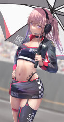 Rule 34 | 1girl, alternate costume, black choker, black jacket, black skirt, black thighhighs, blurry, blurry background, blush, choker, closed mouth, collarbone, commission, girls&#039; frontline, hand on own hip, headset, highleg, highres, holding, holding umbrella, jacket, long hair, long sleeves, looking at viewer, miniskirt, navel, open clothes, open jacket, outdoors, pink hair, ponytail, purple eyes, race queen, silver bullet (ecc12 8), single thighhigh, skeb commission, skirt, solo, st ar-15 (girls&#039; frontline), stomach, thigh strap, thighhighs, thighs, umbrella