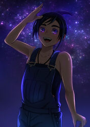 Rule 34 | 1girl, arm up, bare arms, bare shoulders, black hair, black tank top, blue overalls, character request, copyright request, cowboy shot, folded ponytail, halterneck, highres, kitahara kiyoshi, looking at viewer, open mouth, overalls, purple eyes, sky, smile, solo, star (sky), starry sky, tank top, teeth, upper teeth only