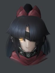 Rule 34 | 1girl, black hair, bow, cyborg, eyepatch, eyes visible through hair, fate/grand order, fate (series), fusion, glowing, glowing eyes, grey background, hair bow, highres, katou danzou (fate), long hair, looking at viewer, metal gear (series), metal gear rising: revengeance, one eye covered, ponytail, portrait, raiden (metal gear), red bow, red scarf, rei (rei rr), scarf, simple background, solo, yellow eyes