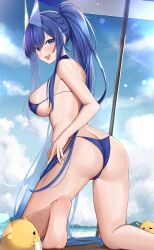 Rule 34 | 1girl, :d, ass, azur lane, back, barefoot, beach, beach umbrella, bikini, blue bikini, blue eyes, blue hair, blue sky, breasts, butt crack, cloud, day, foot out of frame, high ponytail, highres, jyu-so, kneeling, large breasts, long hair, looking at viewer, looking back, manjuu (azur lane), new jersey (azur lane), new jersey (midsummer leisure) (azur lane), open mouth, outdoors, sideboob, sky, smile, solo, swimsuit, umbrella, very long hair, wet, yellow nails
