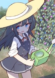 Rule 34 | 1girl, :d, absurdres, asashio (kancolle), asashio kai ni (kancolle), black dress, black hair, blue eyes, blue flower, blush, brown hat, collared shirt, commentary request, day, dress, dress shirt, flower, hair between eyes, hat, highres, holding, ichi (ichi.colors), kantai collection, long hair, looking at viewer, open mouth, outdoors, pinafore dress, pink flower, pleated dress, purple flower, school uniform, shirt, short sleeves, sleeveless, sleeveless dress, sleeves rolled up, smile, solo, standing, sun hat, very long hair, water, watering can, white shirt