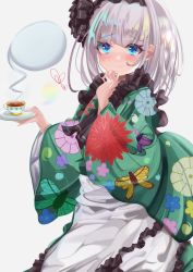 Rule 34 | 1girl, alternate costume, apron, black hairband, black ribbon, blue eyes, blunt bangs, blush, closed mouth, commentary request, cowboy shot, cup, enmaided, floral print, frills, furrowed brow, green kimono, grey background, hair ribbon, hairband, hand on own chin, heart, highres, hitodama, holding, holding saucer, japanese clothes, kimono, konpaku youmu, konpaku youmu (ghost), long sleeves, looking at viewer, maid, medium hair, mukade 172, nose blush, rainbow gradient, ribbon, saucer, silver hair, simple background, smile, solo, tea, teacup, touhou, wa maid, white apron, wide sleeves