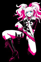 Rule 34 | 10s, 1girl, boots, cross-laced footwear, danganronpa (series), danganronpa 3 (anime), enoshima junko, hair ornament, high heel boots, high heels, lace-up boots, long hair, monochrome, sleeves rolled up, smile, solo, twintails, youko-shima
