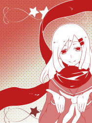 Rule 34 | 1girl, alternate hair color, closed mouth, colored eyelashes, commentary, enpera, floating scarf, gradient background, hair between eyes, hair ornament, hairclip, highres, kagerou project, kairikazu, long sleeves, looking at viewer, mekakucity actors, monochrome, pose request, red theme, sailor collar, scarf, school uniform, serafuku, sleeve cuffs, smile, solo, star (symbol), tateyama ayano, upper body, white hair