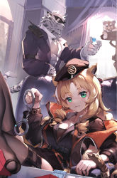 Rule 34 | 1boy, 1girl, :3, abs, animal, animal ears, arknights, asc11, banknote, belt, between toes, black bra, black dress, black jacket, black thighhighs, blonde hair, blush, bra, breasts, cleavage, closed mouth, collarbone, couch, cuffs, dress, envelope, furry, furry male, green eyes, handcuffs, highres, holding, indoors, jacket, long hair, long sleeves, looking at viewer, medium breasts, money, mountain (arknights), no shoes, off shoulder, on couch, open clothes, open jacket, ringlets, sidelocks, sitting, skindentation, smile, sunglasses, swire (arknights), tail, tail ornament, tail ring, thighhighs, tiger, tiger boy, tiger ears, tiger girl, tiger tail, toes, underwear, very long hair, walkie-talkie, window