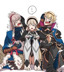 Rule 34 | 1girl, 2boys, armor, blonde hair, book, brother and sister, cape, corrin (female) (fire emblem), corrin (fire emblem), european clothes, fire emblem, fire emblem fates, fire emblem heroes, gloom (expression), gloves, grey hair, headband, ichiyou (kazuha1003), japanese clothes, leo (fire emblem), multiple boys, nintendo, pauldrons, pointy ears, ponytail, red eyes, short hair, shoulder armor, siblings, simple background, sitting, takumi (fire emblem), white background, white hair