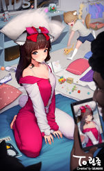 Rule 34 | 1girl, 2boys, absurdres, animal ears, barefoot, black eyes, blush, bow, breasts, cat, cellphone, cleavage, closed eyes, collarbone, commission, dark skin, fishbowl, geumdori, hair bow, highres, kneeling, large breasts, multiple boys, open mouth, original, pajamas, phone, pillow, rabbit tail, red bow, smartphone, smile, tail, taking picture, toy