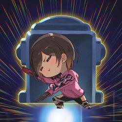 Rule 34 | android, brown hair, camouflage, chibi, closed eyes, gradient hair, highres, hololive, hood, hoodie, leaning to the side, long sleeves, mechanical arms, mechanical legs, multicolored hair, no pants, pink hoodie, reverse outfit, roboco-san, roboco-san (hoodie), sentai, short hair, smile, solo, twin (tt lsh), v-shaped eyebrows, virtual youtuber