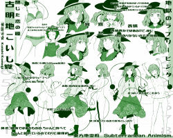 Rule 34 | 1girl, absurdres, ass, back, black hat, bow, completely nude, expressions, eyeball, flat chest, green theme, hat, hat bow, hat ribbon, heart, heart of string, hi you (flying bear), highres, komeiji koishi, long sleeves, monochrome, nude, ribbon, shirt, standing, string, subterranean animism, third eye, touhou, translation request, underwear, wide sleeves