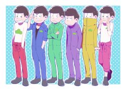 Rule 34 | 10s, 6+boys, :&lt;, :3, aqua background, bowl cut, brothers, clothes around waist, crossed arms, dokkoi shoo, hand in pocket, high collar, jacket, jacket around waist, jitome, jumpsuit, lineup, male focus, matsuno choromatsu, matsuno ichimatsu, matsuno jyushimatsu, matsuno karamatsu, matsuno osomatsu, matsuno todomatsu, messy hair, multiple boys, osomatsu-kun, osomatsu-san, osomatsu (series), polka dot, polka dot background, salute, siblings, smile, two-finger salute, v