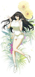 Rule 34 | 1girl, absurdres, black hair, breasts, brown eyes, double v, floating, flower, full body, ghdwid, high heels, highres, impossible clothes, large breasts, light blush, light smile, long hair, long legs, open mouth, original, sash, short sleeves, solo, sunflower, v, white flower, white sash