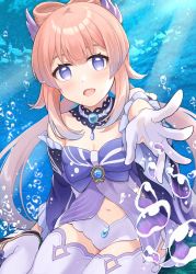 Rule 34 | 1girl, bare shoulders, blue eyes, blunt bangs, blush, bow, bowtie, breasts, bubble, cleavage, detached collar, fish, frilled sleeves, frills, genshin impact, gloves, highres, light rays, looking at viewer, midriff, navel, ocean, open mouth, oq, outstretched hand, reaching, reaching towards viewer, sangonomiya kokomi, short shorts, shorts, smile, solo, thighhighs, underwater, water drop