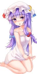 Rule 34 | 1girl, bare legs, barefoot, blue bow, blunt bangs, bow, crescent, crescent hair ornament, hair bow, hair ornament, hat, highres, lingerie, long hair, looking at viewer, mob cap, negligee, patchouli knowledge, purple eyes, purple hair, red bow, sidelocks, simple background, sitting, solo, strap slip, tem+, templus, touhou, underwear, wariza, white background