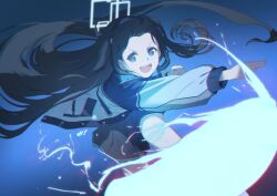 Rule 34 | 1girl, aris (blue archive), black hair, black skirt, blue archive, blue eyes, chromatic aberration, commentary, commission, electricity, ev (dai00888), halo, highres, jacket, long hair, long sleeves, looking at viewer, open mouth, outstretched arm, skeb commission, skirt, smile, solo, throwing, v-shaped eyebrows, very long hair