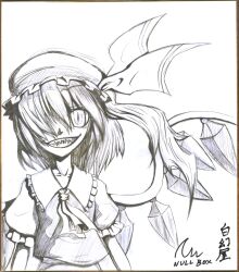 Rule 34 | 1girl, ascot, collared shirt, cowboy shot, crazy eyes, crazy smile, crystal, flandre scarlet, frilled shirt collar, frilled sleeves, frills, graphite (medium), greyscale, hair over one eye, hat, highres, long hair, mob cap, monochrome, null (hakugenya), one side up, puffy short sleeves, puffy sleeves, sharp teeth, shirt, short sleeves, skirt, smile, solo, teeth, touhou, traditional media, vest, wings