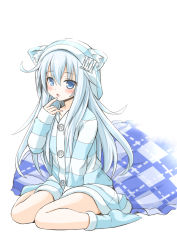 Rule 34 | 10s, 1girl, animal hood, between legs, blue eyes, blue socks, cat hood, collarbone, fujishima shinnosuke, hair between eyes, hand between legs, hibiki (kancolle), highres, hood, kantai collection, long hair, open mouth, silver hair, simple background, socks, solo, striped clothes, striped sweater, sweater, white background