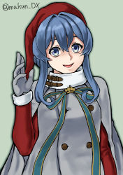 Rule 34 | 1girl, blue eyes, blue hair, coat, commentary request, fur-trimmed headwear, fur trim, gotland (kancolle), grey background, grey coat, hair bun, hat, kantai collection, long hair, looking at viewer, maakun (makun dx), mole, mole under eye, official alternate costume, one-hour drawing challenge, red hat, santa hat, simple background, single hair bun, smile, solo, twitter username, upper body, waving