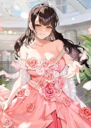 Rule 34 | 1girl, animification, bare shoulders, blurry, blurry foreground, breasts, brown hair, cleavage, collarbone, commentary, day, depth of field, dress, earrings, fang qiao, flower, glint, haneame, highres, jewelry, large breasts, long hair, looking at viewer, necklace, outstretched arm, pink dress, pink flower, reaching, reaching towards viewer, real life, rose, smile, solo, tiara, yellow eyes