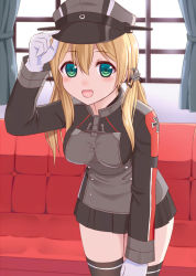 Rule 34 | 10s, 1girl, :d, adjusting clothes, adjusting headwear, anchor choker, anchor hair ornament, bent over, black skirt, black thighhighs, blonde hair, blush, buttons, commentary request, couch, cross, curtains, gloves, green eyes, hair between eyes, hair ornament, hat, ikeda yuuki, indoors, iron cross, kantai collection, leaning forward, long hair, long sleeves, looking at viewer, military, military uniform, miniskirt, open mouth, peaked cap, pleated skirt, prinz eugen (kancolle), revision, skirt, smile, solo, standing, thighhighs, twintails, uniform, white gloves, window, zettai ryouiki