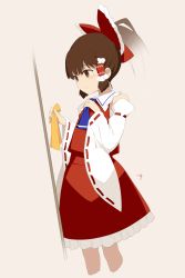 Rule 34 | 1girl, absurdres, ascot, bare shoulders, blue ascot, bow, brown eyes, brown hair, closed mouth, cropped legs, detached sleeves, from side, grey background, hair bow, hair tubes, hakurei reimu, highres, holding, long hair, long sleeves, ponytail, red bow, red skirt, red vest, saryuu (iriomote), signature, simple background, skirt, smile, solo, standing, touhou, vest, wide sleeves