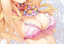 Rule 34 | 1girl, armpits, arms up, bikini, blonde hair, dutch angle, floral print, flower, flower necklace, frill trim, frills, front-tie bikini top, front-tie top, head out of frame, jewelry, long hair, necklace, pink bikini, print bikini, senji (tegone spike), solo, swimsuit