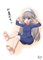 Rule 34 | 1girl, akashieru, artist logo, barefoot, bike shorts, blue jacket, blue shorts, commentary request, double v, green eyes, grey hair, hat, highres, jacket, kantai collection, long hair, long sleeves, looking at viewer, low twintails, mikura (kancolle), rash guard, sailor hat, shorts, signature, sitting, smile, solo, twintails, v, white background, white hat