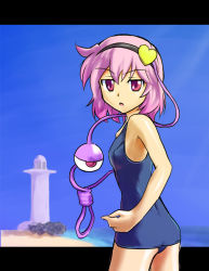 Rule 34 | 1girl, beach, female focus, hairband, heart, komeiji satori, letterboxed, lighthouse, m spark, ocean, one-piece swimsuit, outdoors, pink eyes, pink hair, school swimsuit, sky, solo, swimsuit, touhou