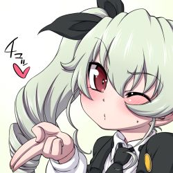 Rule 34 | 10s, 1girl, anchovy (girls und panzer), black ribbon, blowing kiss, blush, drill hair, female focus, girls und panzer, green hair, hair ribbon, hanya (hanya yashiki), kiss, long hair, looking at viewer, one eye closed, ooarai school uniform, red eyes, ribbon, school uniform, simple background, solo, translation request, twin drills, twintails, wink