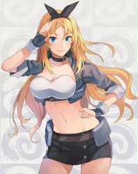 Rule 34 | 1girl, black gloves, black skirt, blonde hair, blue eyes, breasts, choker, cleavage, collarbone, cropped jacket, fingerless gloves, gloves, hand on own hip, jacket, kantai collection, kasumi (skchkko), large breasts, long hair, looking at viewer, midriff, miniskirt, navel, nelson (kancolle), official alternate costume, race queen, skirt, smile, solo