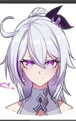 Rule 34 | + +, 1girl, ahoge, bare shoulders, earrings, eyeshadow, hair between eyes, hair bun, hair ornament, highres, honkai (series), honkai impact 3rd, huge ahoge, jewelry, kiana kaslana, kiana kaslana (herrscher of finality), light smile, makeup, portrait, rufighter86, sidelocks, solo, white background, white hair