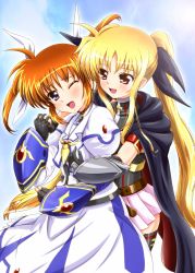 Rule 34 | 2girls, blue eyes, blush, couple, diesel-turbo, fate testarossa, hair ornament, holding hands, happy, hug, hug from behind, looking at another, lyrical nanoha, mahou shoujo lyrical nanoha, mahou shoujo lyrical nanoha a&#039;s, multiple girls, open mouth, orange hair, red eyes, short twintails, takamachi nanoha, twintails, yuri