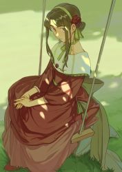 Rule 34 | 1girl, absurdres, bad id, bad twitter id, brown eyes, brown hair, choker, closed mouth, commentary request, copyright request, dress, flower, grass, green ribbon, hair flower, hair ornament, hairband, highres, light smile, long sleeves, looking at viewer, misaq, neck ribbon, red dress, red flower, red footwear, red rose, ribbon, ribbon choker, rose, shoes, sidelocks, sitting, smile, solo, swing