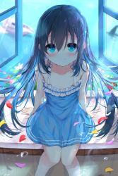 Rule 34 | 1girl, arm support, bare arms, bare shoulders, black hair, blue dress, blue eyes, blurry, blurry background, blush, bubble, closed mouth, commentary request, depth of field, dress, flower, frilled dress, frills, hair between eyes, highres, kouda suzu, long hair, open window, original, petals, petals on liquid, purple flower, red flower, sitting, sleeveless, sleeveless dress, smile, soaking feet, solo, very long hair, water, white flower, window, yellow flower