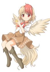Rule 34 | 1girl, black footwear, blonde hair, blush, boots, brown skirt, brown wings, closed mouth, commentary request, feathered wings, full body, knee boots, multicolored hair, niwatari kutaka, puffy short sleeves, puffy sleeves, red eyes, red hair, shino megumi, shirt, short sleeves, simple background, skirt, smile, solo, touhou, two-tone hair, white background, white shirt, wings
