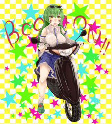 Rule 34 | 1girl, blouse, blue skirt, blush, breasts, checkered background, collared shirt, commentary request, cookie (touhou), cross, detached sleeves, eyewear on head, facepaint, frilled skirt, frills, frog hair ornament, full body, green eyes, green footwear, green hair, haiperion buzan, hair between eyes, hair ornament, hair tubes, highres, kochiya sanae, large breasts, long hair, looking at viewer, motor vehicle, motorcycle, open mouth, paseri (cookie), shirt, shoes, skirt, sleeveless, sleeveless shirt, snake hair ornament, socks, solo, star (symbol), sunglasses, touhou, v-shaped eyebrows, white shirt, white sleeves, white socks, yellow background