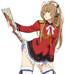 Rule 34 | 1girl, aiguillette, amagi brilliant park, antenna hair, bow, brown eyes, brown hair, buttons, commentary, cowboy shot, epaulettes, frilled skirt, frills, gun, hair ribbon, holding, holding gun, holding weapon, iguchi (strawmat), long hair, long sleeves, looking at viewer, neck ribbon, pocket, ponytail, red shirt, ribbon, rifle, sento isuzu, shirt, simple background, skirt, solo, thigh strap, thighhighs, thighs, uniform, weapon, white background, white ribbon, zettai ryouiki