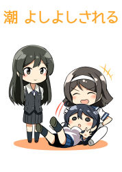 Rule 34 | &gt;:d, 10s, 3girls, :d, :o, ^ ^, ahoge, arms behind back, black hair, black skirt, black socks, black vest, blouse, blue ribbon, blue skirt, blush, breasts, brown hair, buttons, chibi, closed eyes, commentary request, flipped hair, gloves, grin, hair ornament, hairband, hairclip, hand on another&#039;s head, highres, indian style, kamelie, kantai collection, kneehighs, legs up, long hair, looking at another, lying, miniskirt, multiple girls, neck ribbon, on lap, open mouth, oyashio (kancolle), pleated skirt, ribbon, school uniform, serafuku, shirt, short hair, short sleeves, sitting, skirt, smile, socks, solid circle eyes, standing, tanikaze (kancolle), translated, ushio (kancolle), v-shaped eyebrows, vest, white gloves, white shirt